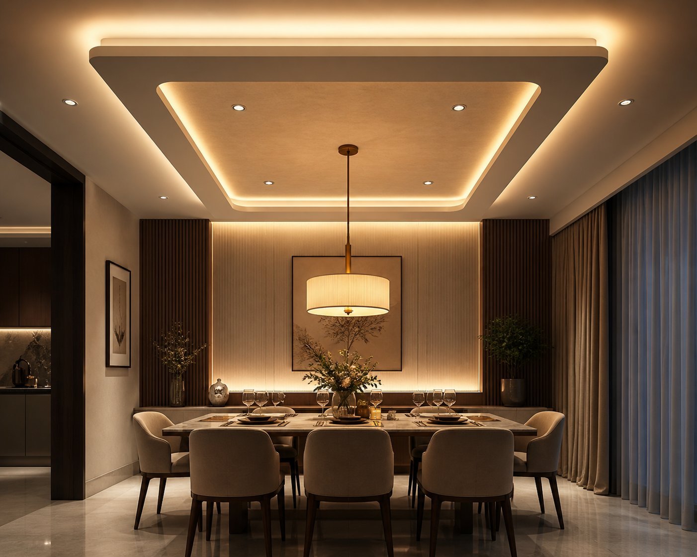 Dining area with rectangular false ceiling panel and pendant light above the table