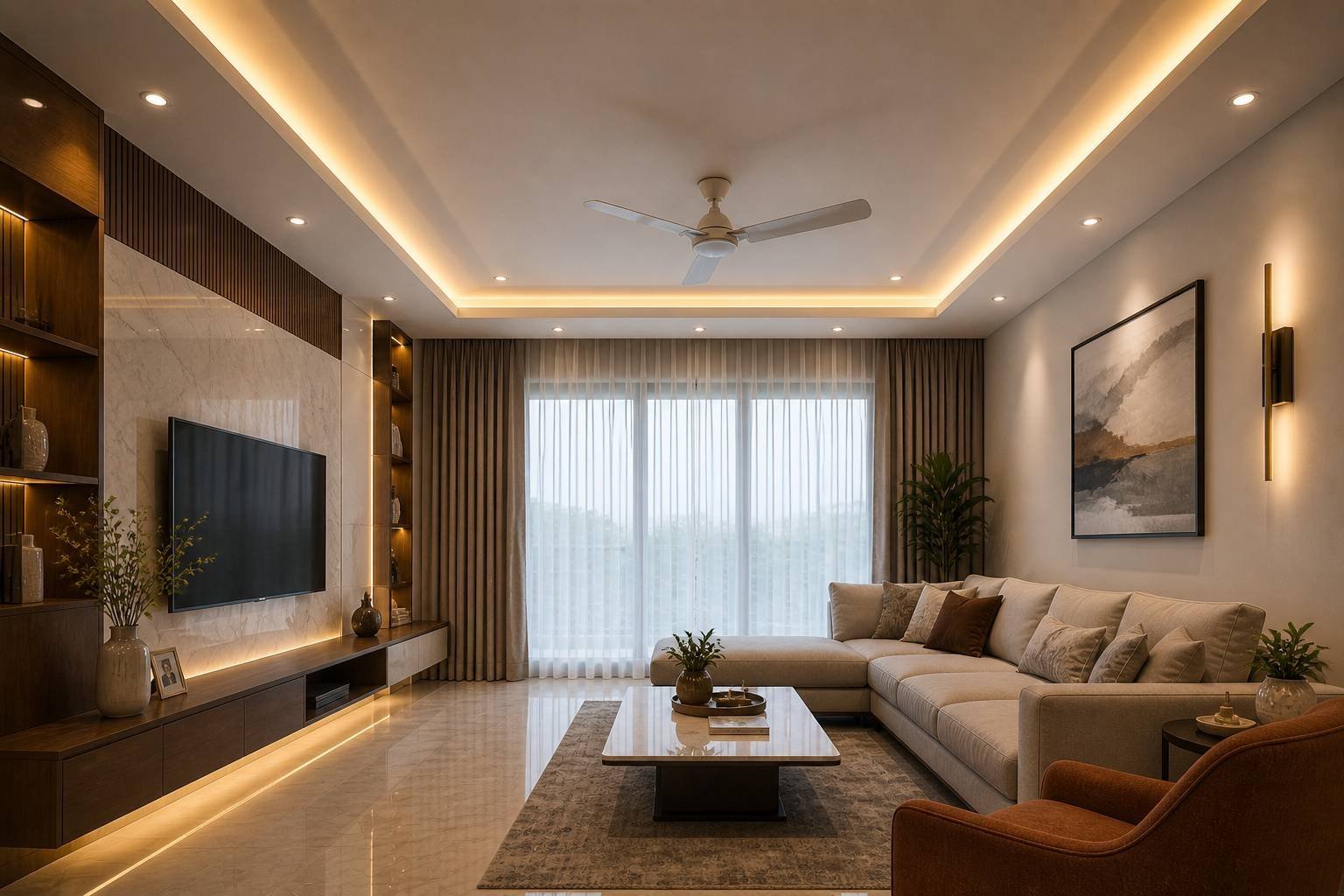 Living room with multi-layer false ceiling, cove lighting and wall-mounted TV unit