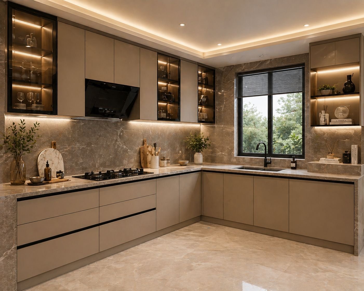 L-shaped modular kitchen with beige cabinetry, integrated appliances and marble backsplash