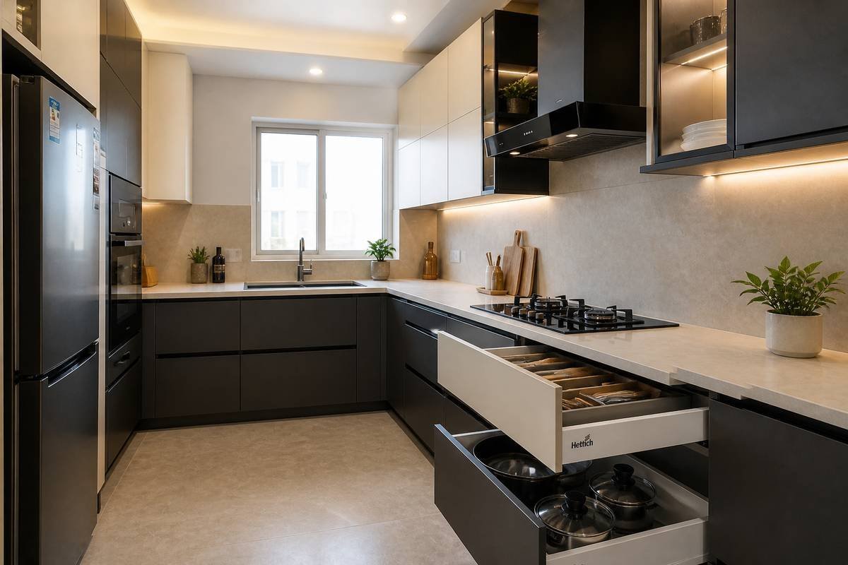 Dark matte modular kitchen with integrated handles and marble backsplash detailing