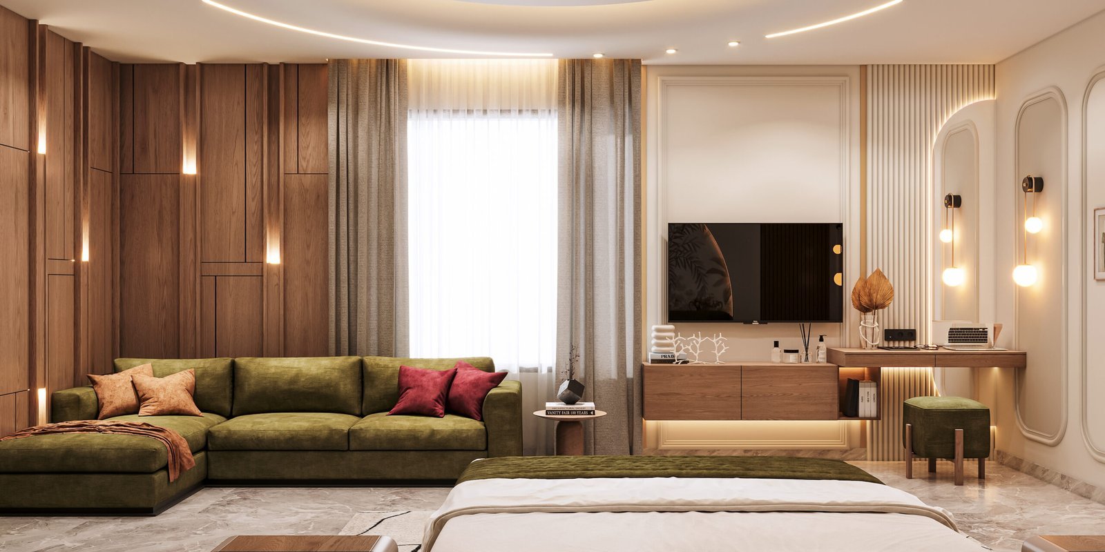 Living room with dark wood TV wall panelling and built-in display shelving