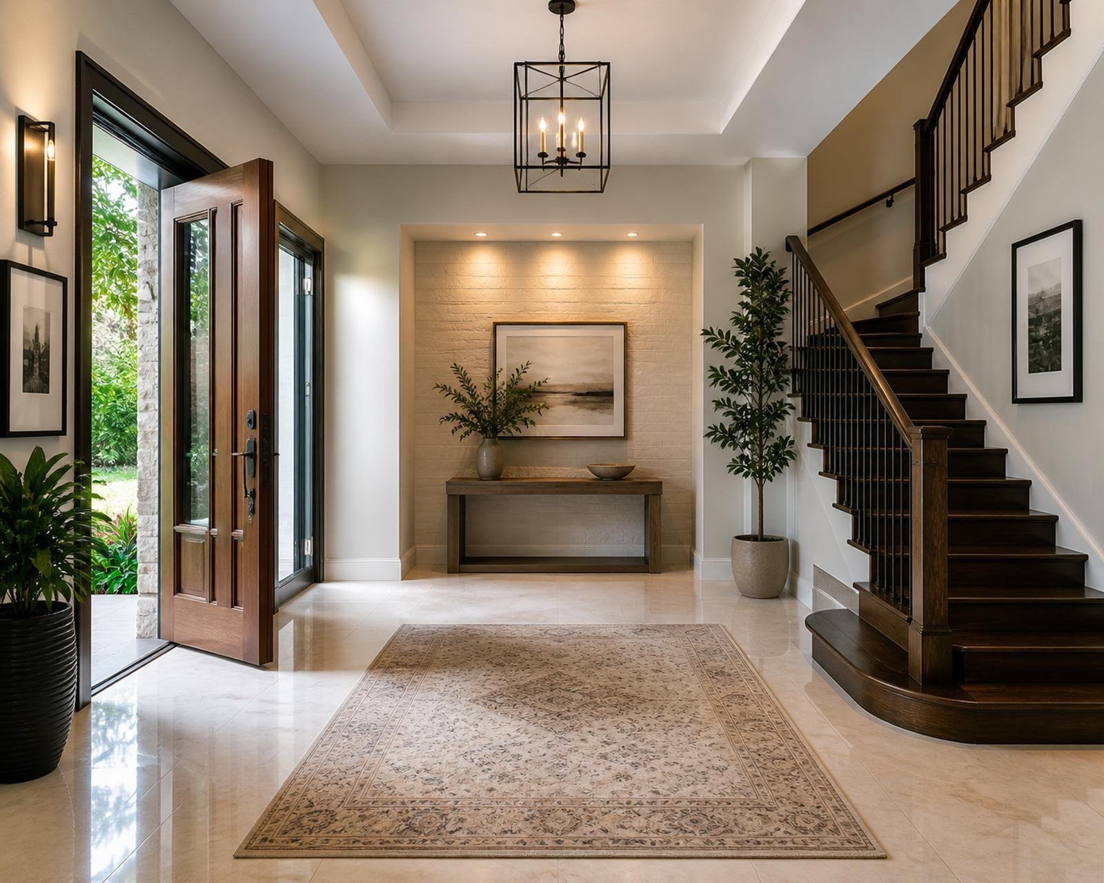 Modern foyer with wooden staircase, console table and layered pendant lighting
