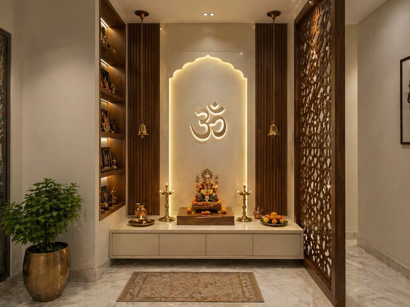 Wall-mounted pooja unit with carved wooden jali screen and warm backlighting