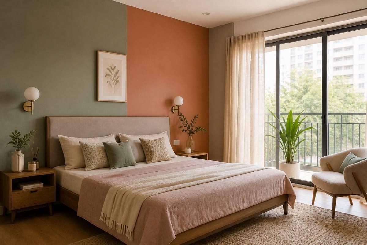 Bedroom with dusty pink and terracotta wall colours and warm wood furniture