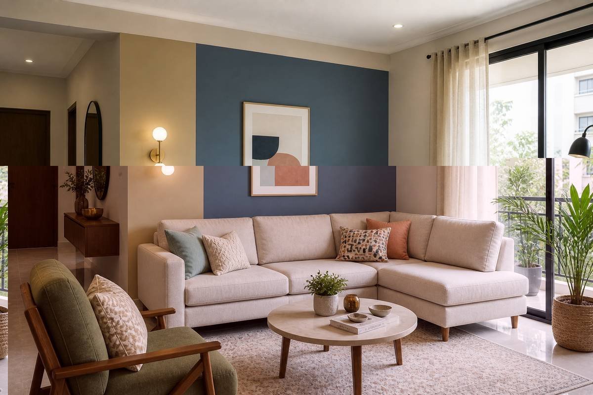 Living room with deep blue accent wall, tan sofa and wooden shelving
