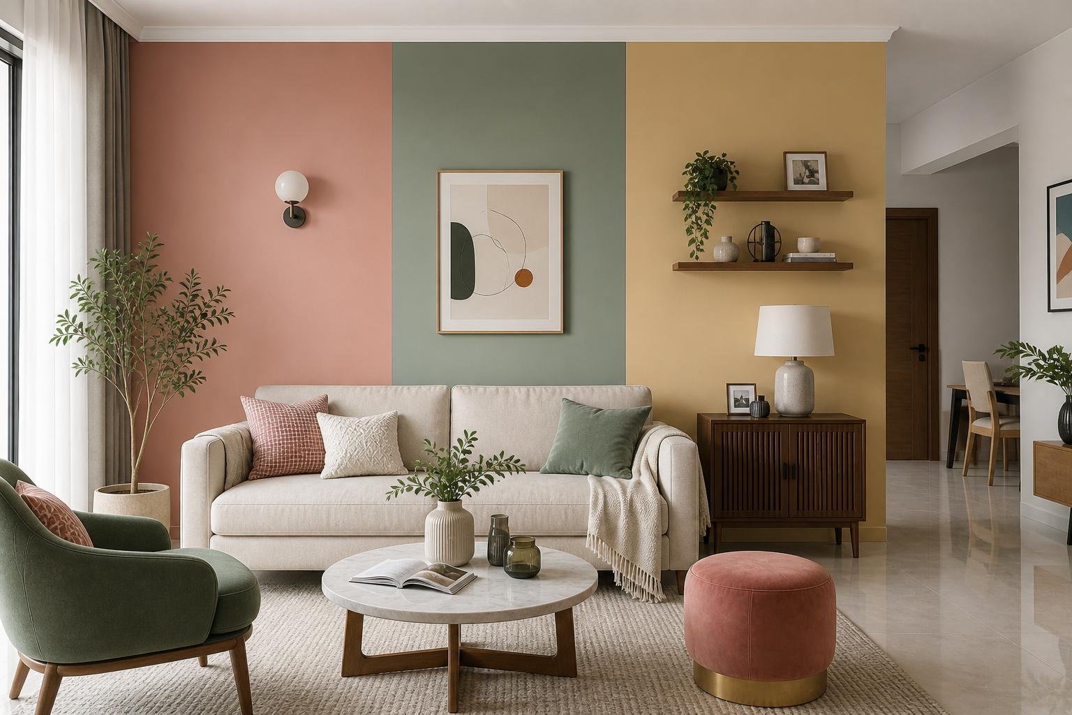 Living room with sage green, terracotta and mustard colour-blocked walls